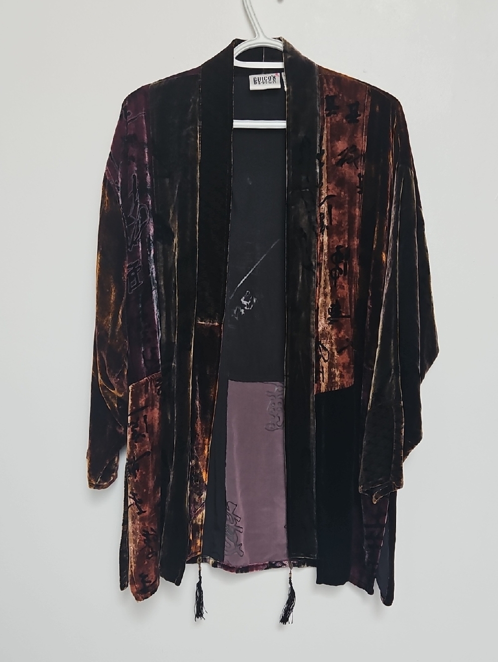 Chico's Traveler Velvet Burnout Fringe Kimono M/L Black Red Floral Paisley Boho